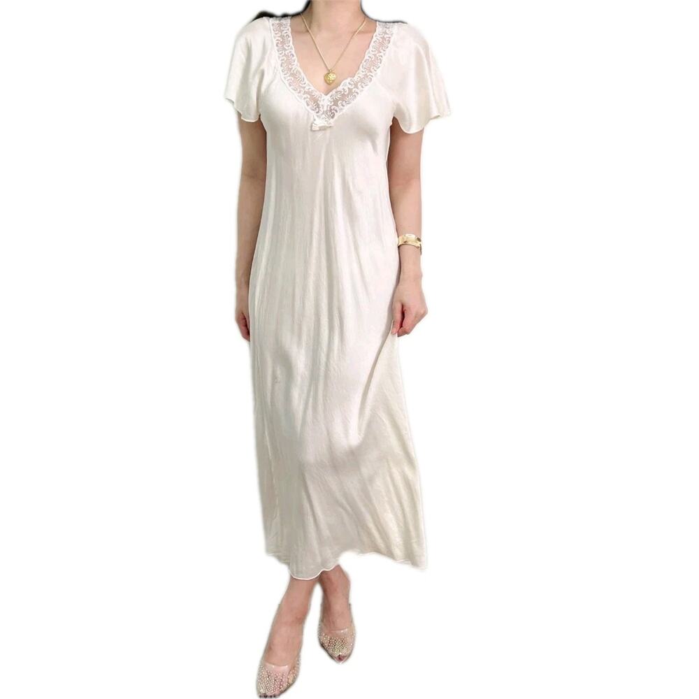 Vtg Christian Dior S lace trimmed slip dressWhite Cream satin Maxi Coquette